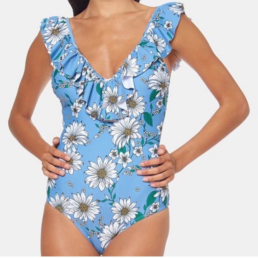 Jessica Simpson Daisy print ruffle detail one piece swimsuit, size Medium